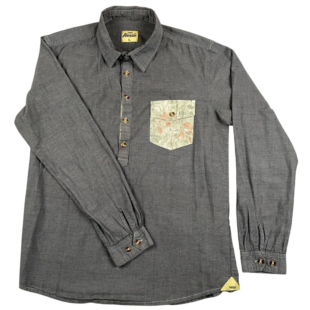 Jiberish Gray Chambray Button Down Shirt Floral Pocket Men’s Large